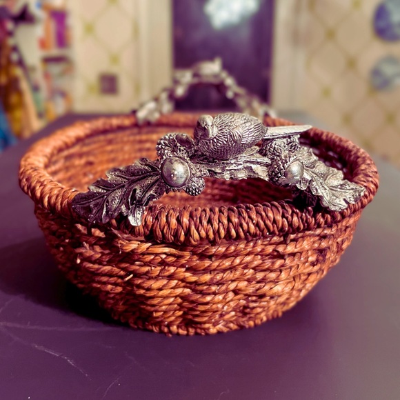 Twining Basket with Pheasants & Acorn Handles Autumn Decor - Picture 1 of 6